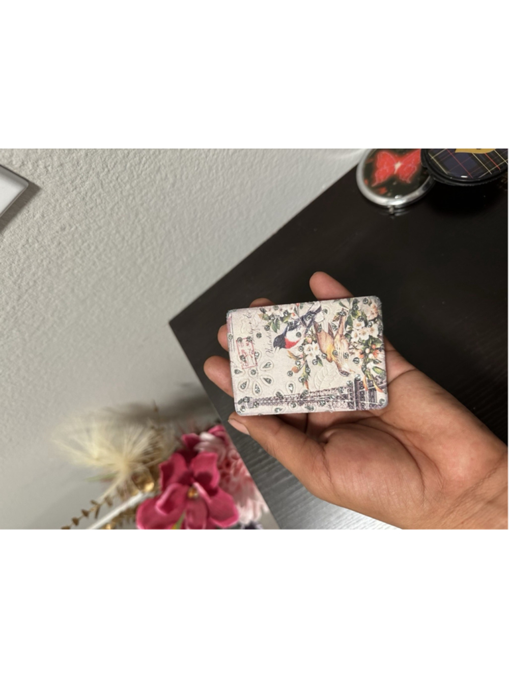 Rhinestone Bird Floral Rectangular Hinged Double Compact Mirror Case